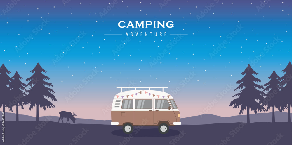 wanderlust camping adventure in the wilderness with camper van and deer  vector de Stock | Adobe Stock