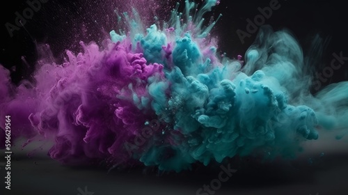 Colorful teal purple shiny glitter cloudy smoke. Generative ai