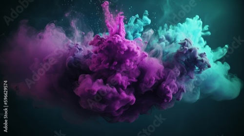 Colorful teal purple shiny glitter cloudy smoke. Generative ai