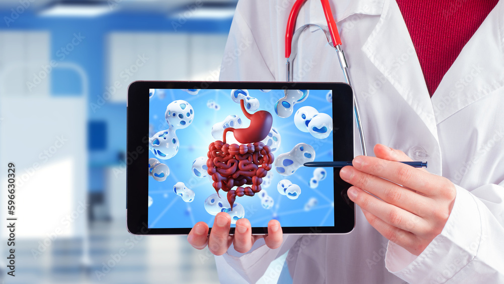 Foto de Digestive system. Tablet in hands of doctor. Probiotics for