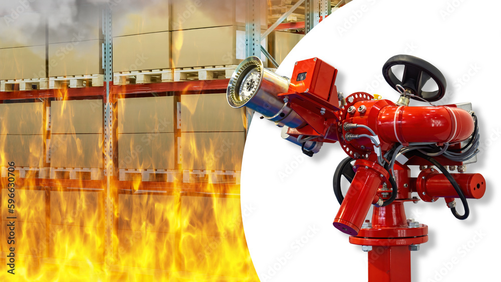 Foto de Warehouse fire. Fire fighting equipment. Shelves with boxes on