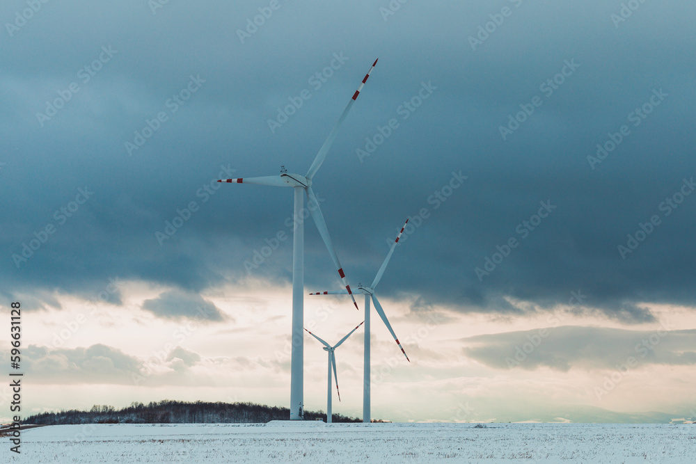 windmills in a snowy field with a cloudy sky in the background