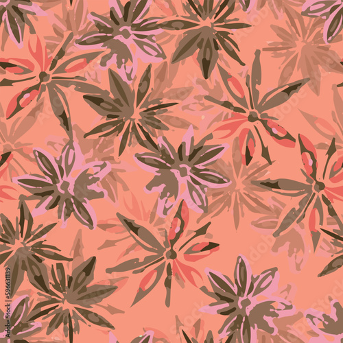 seamless mixed flowers pattern on peach background   greeting card or fabric