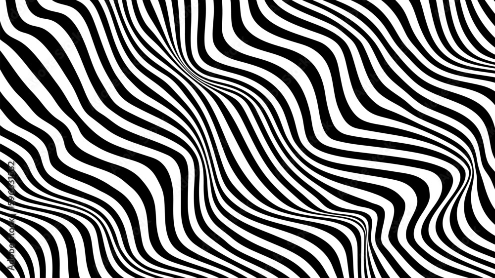 Vector wave with optical illusion with black and white line. Abstract geometric striped pattern. Psychedelic texture. Op art with monochrome background.