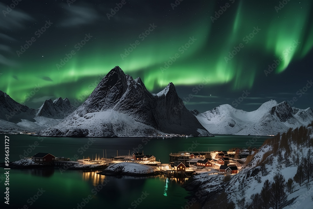 ilustración de un paisaje con pueblo  nevado entre montañas en noruega por la noche con la aurora boreal.ai generative