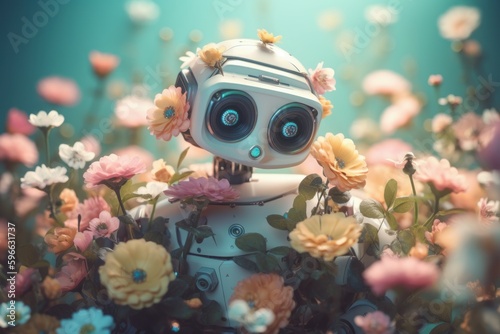Robot smiling with flowers. Generate Ai