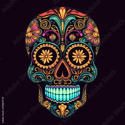 Sugar Skulls. Day of the Dead Skull, isolated on black background. Dia de los Muertos. Mexican sugar skull. Design for logo, emblem, sign, poster, card, banner. Color	