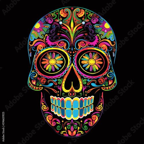 Sugar Skulls. Day of the Dead Skull, isolated on black background. Dia de los Muertos. Mexican sugar skull. Design for logo, emblem, sign, poster, card, banner. Color	