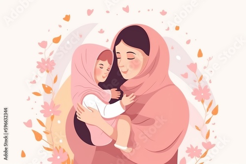 Mothers day flat illustration. Happy hijab mom with little cute daughter greeting card, spring holiday poster template. Generative ai