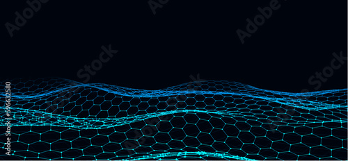 Blue hexagon wave with motion dots and lines. Abstract digital background. Concept connection big data. Futuristic technology backdrop. 3D rendering.