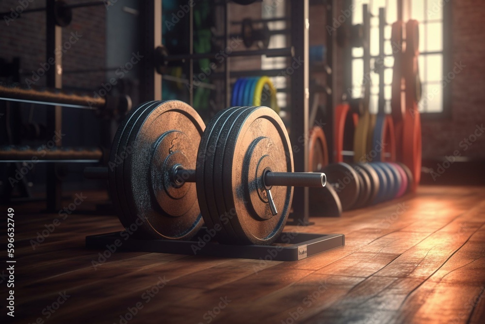 3D illustration of gym workout with barbell. Fitness-themed background for post-work exercise. Generative AI