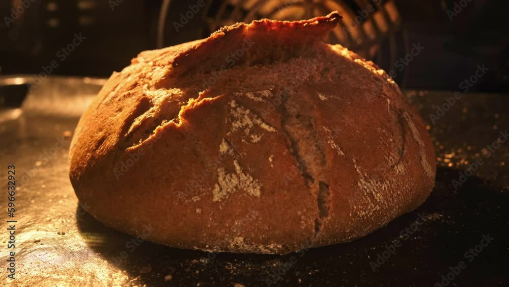 Organic bread baking in oven. Homemade fresh bread. Timelapse. Loaf is raised and baked. Baker bakes food at bakery. Food concept. Close-up in 4K, UHD