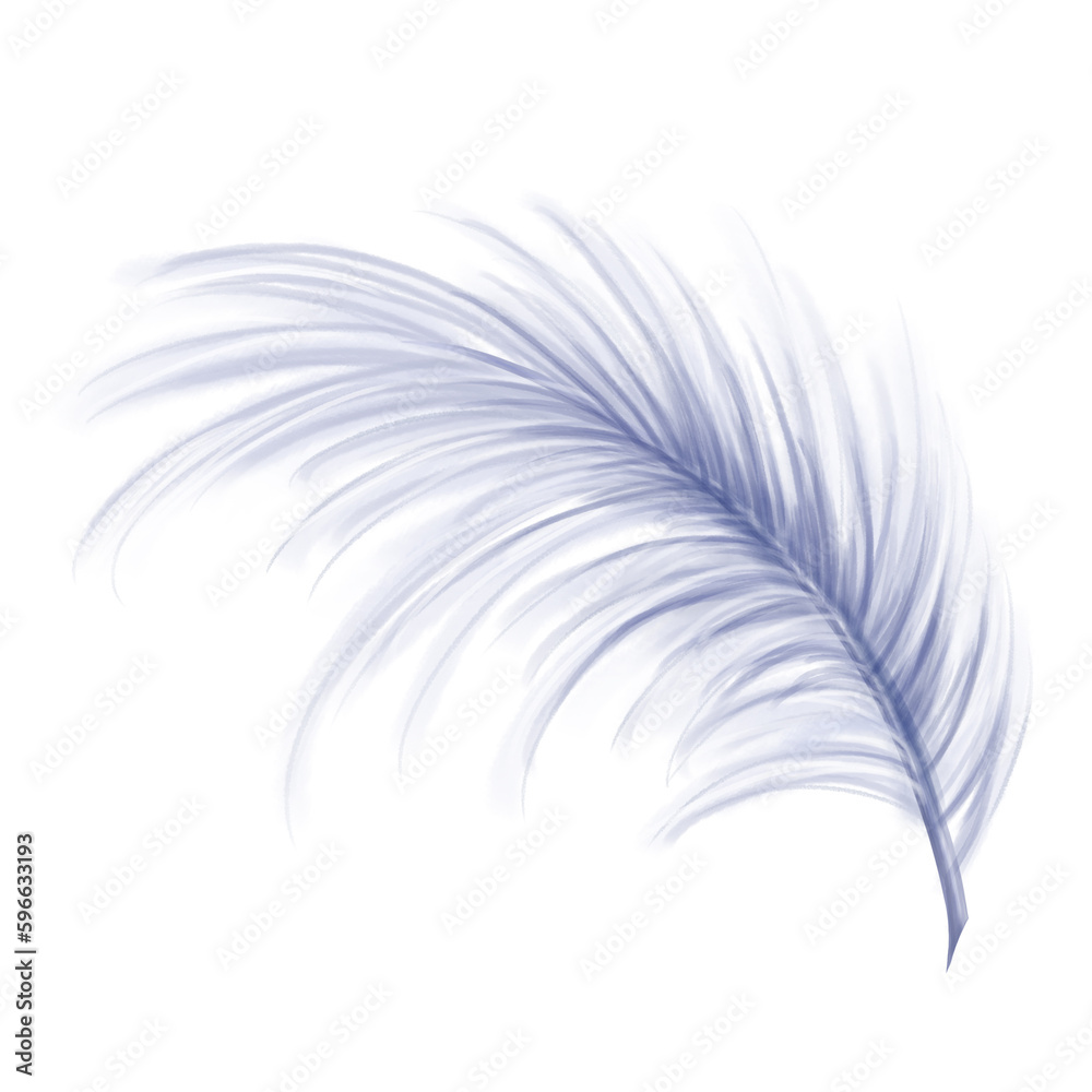 Obraz premium Elegant fluffy bluish feather of a swan, goose. Decorative element for theatrical costumes, carnival outfits, hats, bouquets of flowers and souvenirs. Digital illustration on a white background