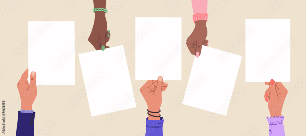Five human hands holding empty blank papers. Hand drawn vector illustration isolated on light background. Flat cartoon style.
