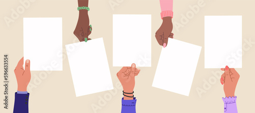 Five human hands holding empty blank papers. Hand drawn vector illustration isolated on light background. Flat cartoon style.
