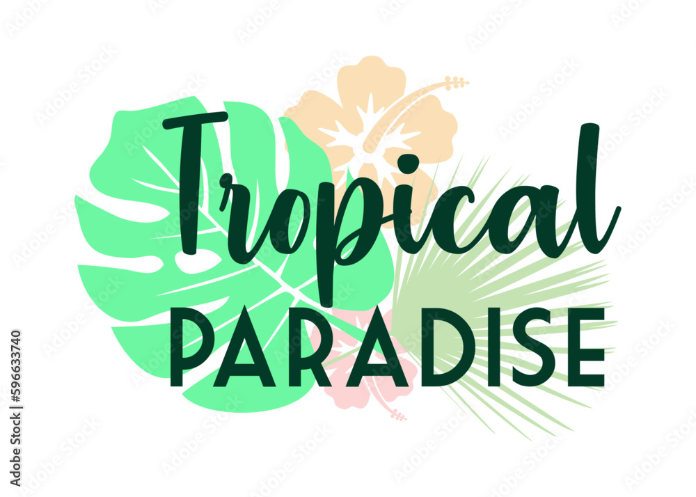 Obraz premium Destino de vacaciones. Logo aislado con texto manuscrito Tropical Paradise con silueta de plantas tropicales