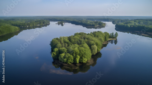 This breathtaking drone view captures the beauty and serenity of a vast and tranquil lake. The calm water reflects the bright blue sky above, while the trees on the shoreline add a touch of green © CanvasPixelDreams