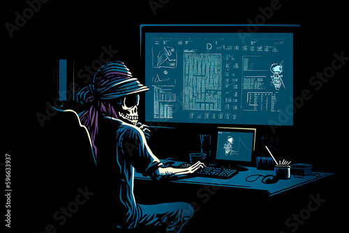 A skeleton dressed as a pirate in a dark room using a computer, on the screen are lines of programming code, generative AI.