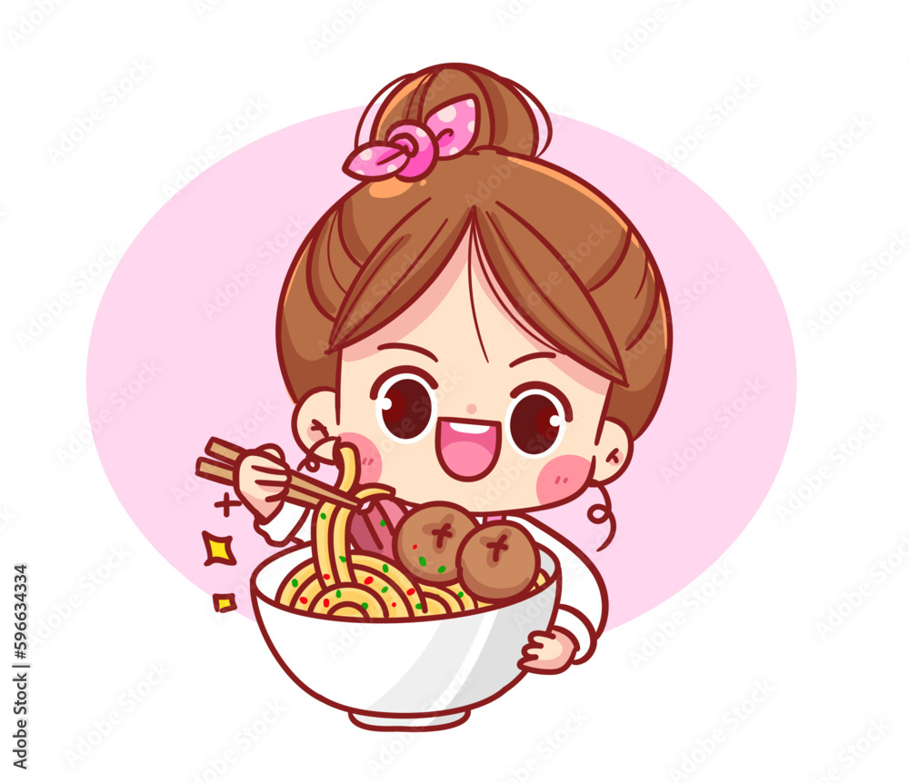 Cute girl holding a bowl of noodles restaurant cooking chef mascot