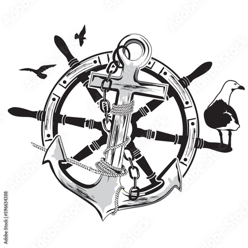 Illustration marititm mit Steuerrad, Anker und Möwen