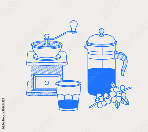 French press, coffee branch, glass, manual coffee grinder. Line art, retro. Vector illustration for coffee shops, cafes, and restaurants.