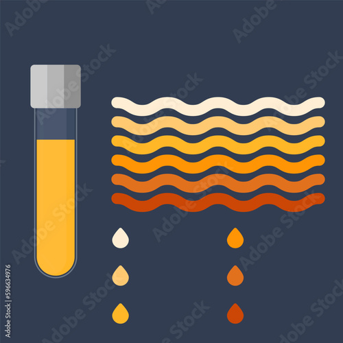 Urine colour chart. Hydration and dehydration level diagram. Medical urinal test kit for urinary tract infection research. Containers with yellow to brown pee for urinalysis. Vector illustration.