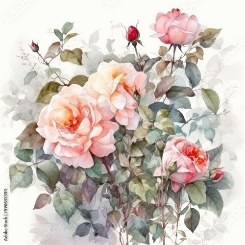 flower rose with green leaves  art illustration painted with watercolors isolated on white background  generative ai