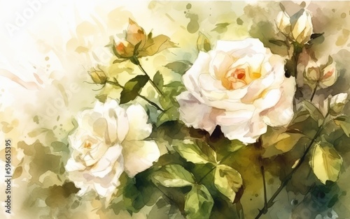 flower rose with green leaves, art illustration painted with watercolors, beautiful floral background, generative ai