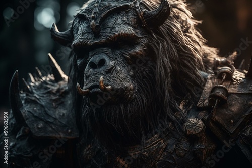 Armor-wearing hybrid monster of a yak and gorilla. Generative AI
