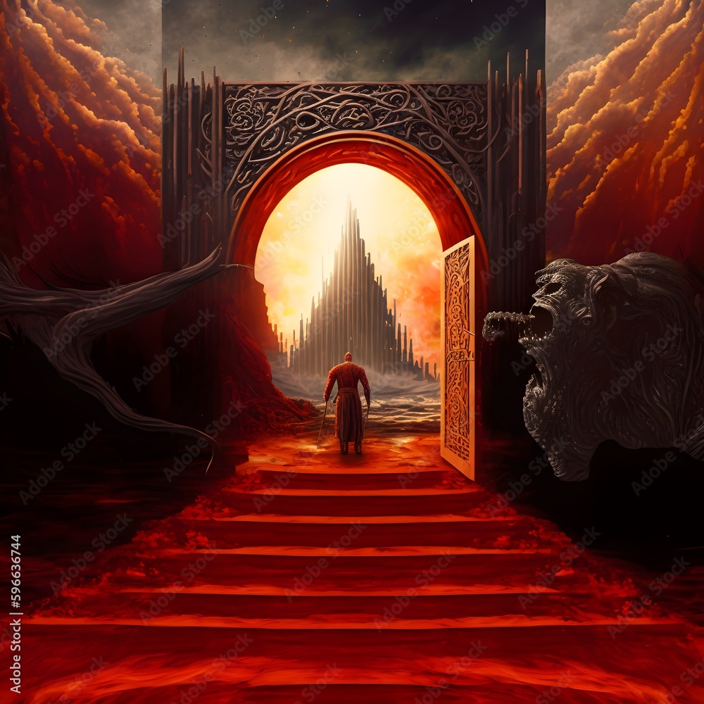 ABANDON ALL HOPE YE WHO ENTER HERE carved above gate Dante enters the gates of hell surreal