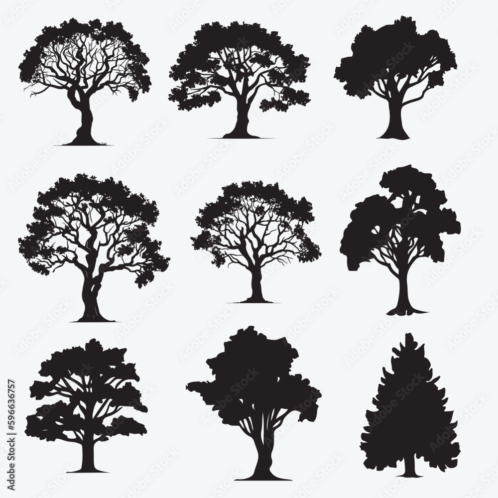 Fototapeta premium Different type trees silhouette vector illustration set. set of trees silhouettes