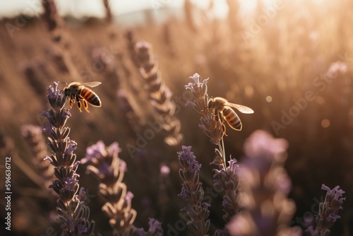 Two bees flying in sunlit lavender field. Generative AI © Ione