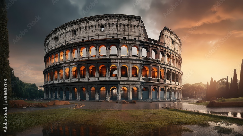 Generative AI-Powered Springtime Scenery of Colosseum in Rome, Italy