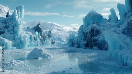 10,000 years ago, Ice Age transformed its landscape into a breathtaking sight. Region was blanketed by thick ice caps, glaciers, and snow, creating frozen tundra that extended for miles. AI-generated © bennymarty