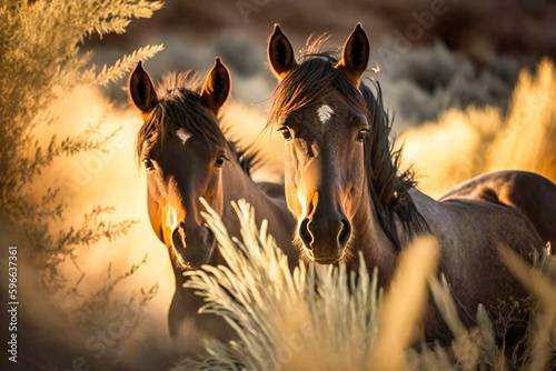 Wild horses in nature under morning light. Created with Generative AI technology.