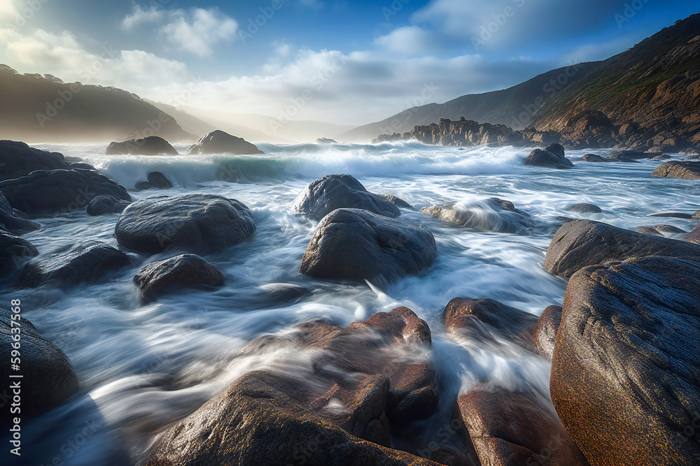 Illustration of a dramatic seascape under morning light. Created with Generative AI technology. Illustration of a dramatic seascape under morning light. Created with Generative AI technology.