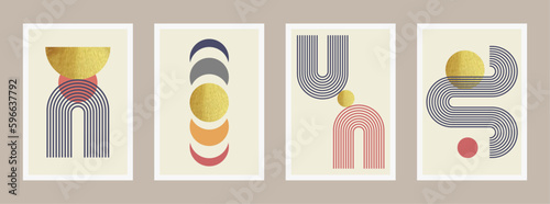 Abstract Mid century wall decoration with sun and moon poster set. Contemporary minimalist backgrounds in modern boho style, vector art print