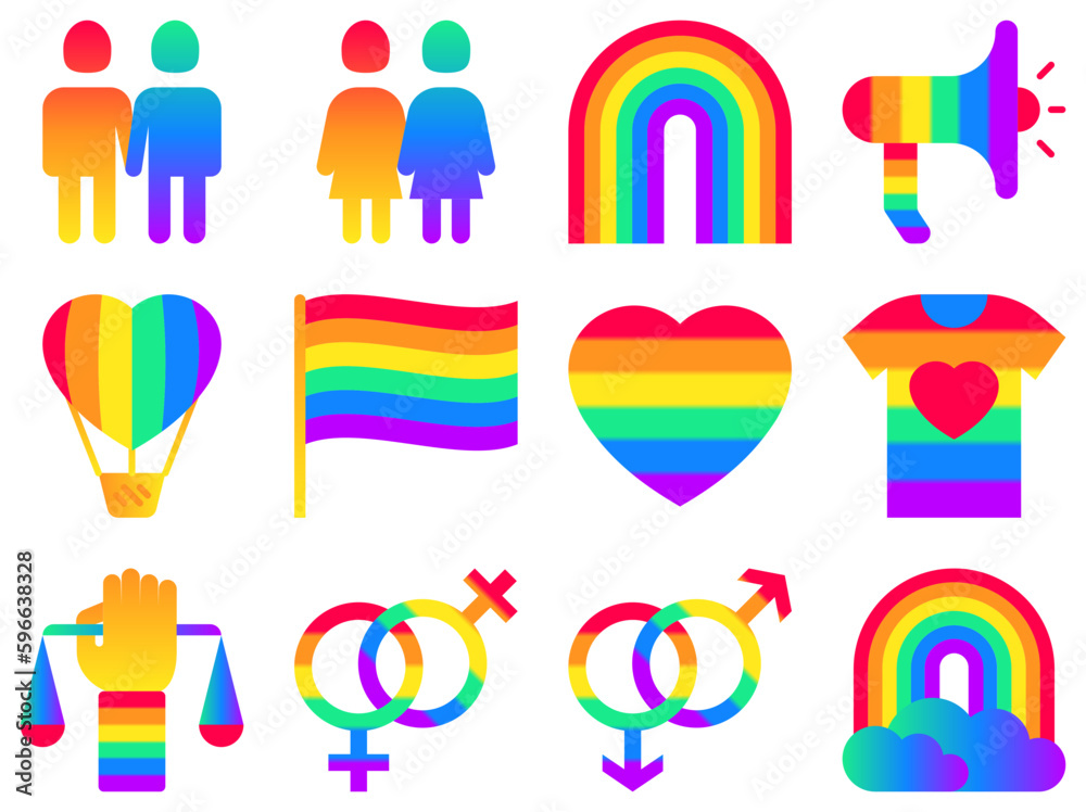 Vetor de LGBTQ+ flat gradient icons set: gay, lesbian, rainbow, coming ...