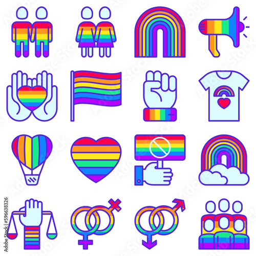 LGBTQ+ thin line icons set: gay, lesbian, rainbow, coming out, free love, flag, support, stop homophobia, LGBTQ+ rights, pride day. Modern vector illustration.