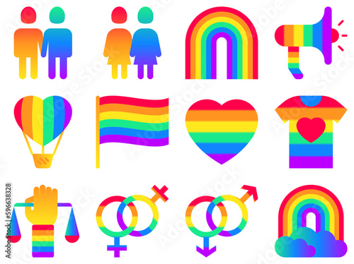 LGBTQ+ flat gradient icons set: gay, lesbian, rainbow, coming out, free love, flag, support, stop homophobia, LGBT rights, pride day. Modern vector illustration.