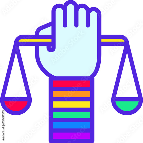 LGBTQ+ rights thin line icon: hand with scales and rainbow wristband. Modern vector illustration.