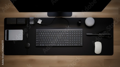 Overhead shot of a tidy desk with a laptop, keyboard, mouse, and other office accessories 