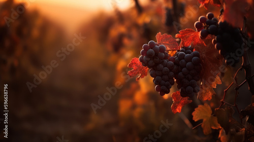 rangées de pieds de vignes en automne au petit matin, avec grappes de raisin au premier plan photo