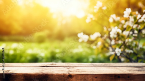 Empty wood table top with soft spring landscape blurred background. Generative AI.