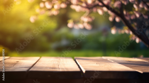 Empty wood table top with soft spring landscape blurred background. Generative AI.