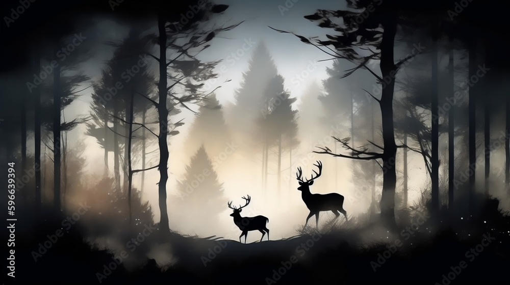 a coniferous forest with deer in the foreground, dreamlike watercolor style. generative AI a coniferous forest with deer in the foreground, dreamlike watercolor style. generative AI