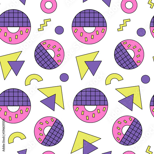 80s 90s 00s inspired retro geometric abstract seamless pattern. Memphis digital paper. Playful geometry. Y2k nostalgia revival background.