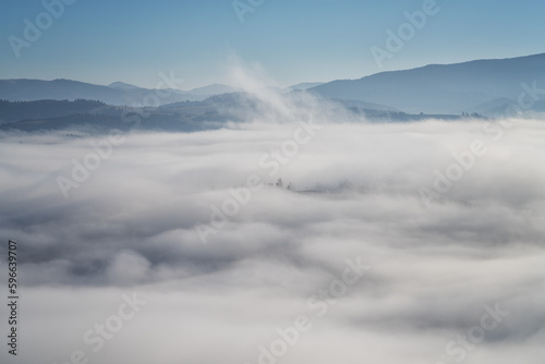 Scenic view of the mountains over a clouds, amazing misty landscape with mountain range, fir forest and blue sky, natural outdoor travel background © larauhryn