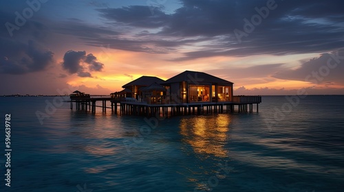 A Maldives Paradise: Generative AI-Generated Sunset View of Water Villas on a Resort Island © jambulart