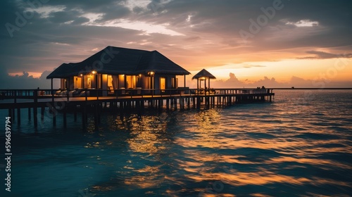 A Maldives Paradise  Generative AI-Generated Sunset View of Water Villas on a Resort Island